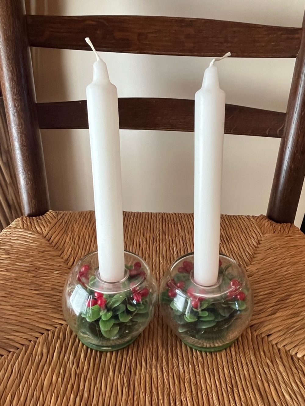 Vintage MCM Christmas Terrarium Glass Candle Holders - Set of 2